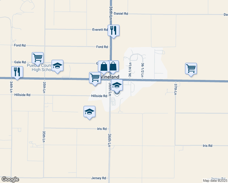 map of restaurants, bars, coffee shops, grocery stores, and more near 1132 36th Lane in Pueblo