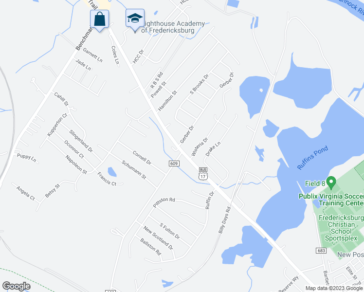 map of restaurants, bars, coffee shops, grocery stores, and more near 96 Gerber Drive in Fredericksburg