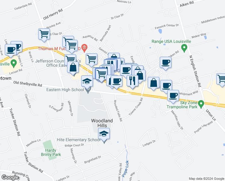 map of restaurants, bars, coffee shops, grocery stores, and more near 12610 Shelbyville Road in Louisville