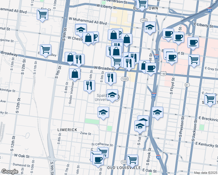 map of restaurants, bars, coffee shops, grocery stores, and more near 800 South 4th Street in Louisville