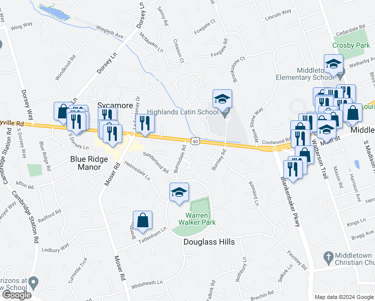 map of restaurants, bars, coffee shops, grocery stores, and more near 117 Charlestown Court in Douglass Hills