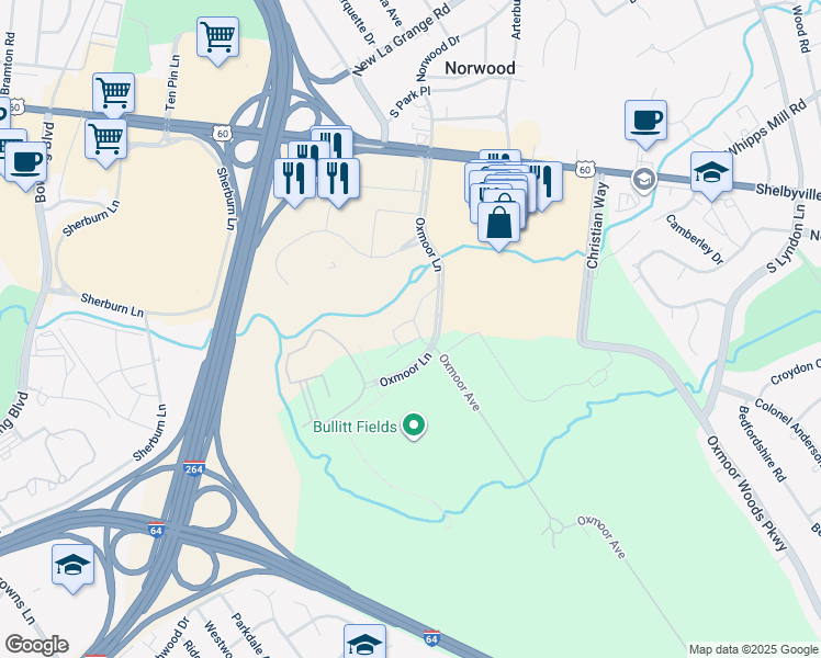 map of restaurants, bars, coffee shops, grocery stores, and more near 7725 Upton Oxmoor Lane in Louisville