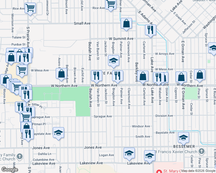 map of restaurants, bars, coffee shops, grocery stores, and more near 1302 Jackson Street in Pueblo