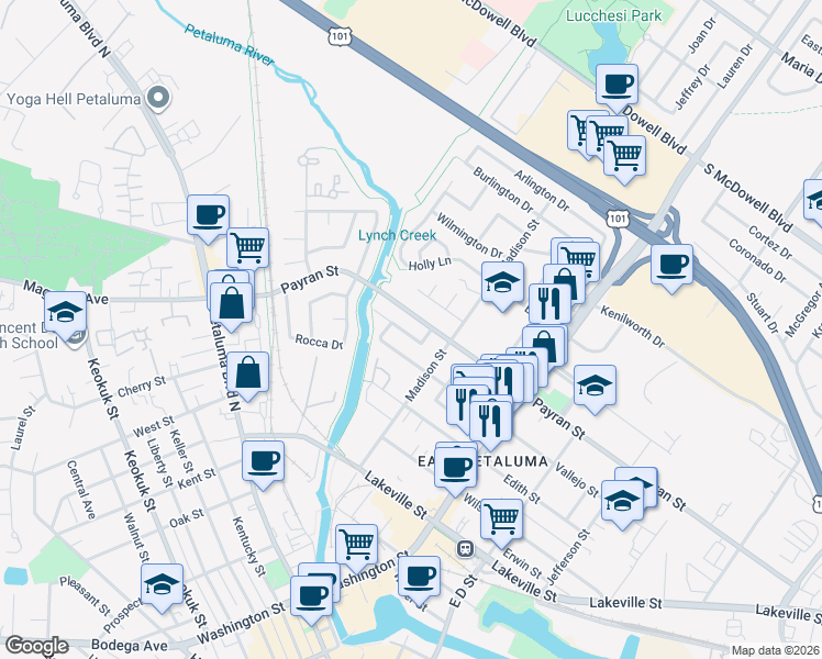 map of restaurants, bars, coffee shops, grocery stores, and more near 35 Rio Vista Way in Petaluma