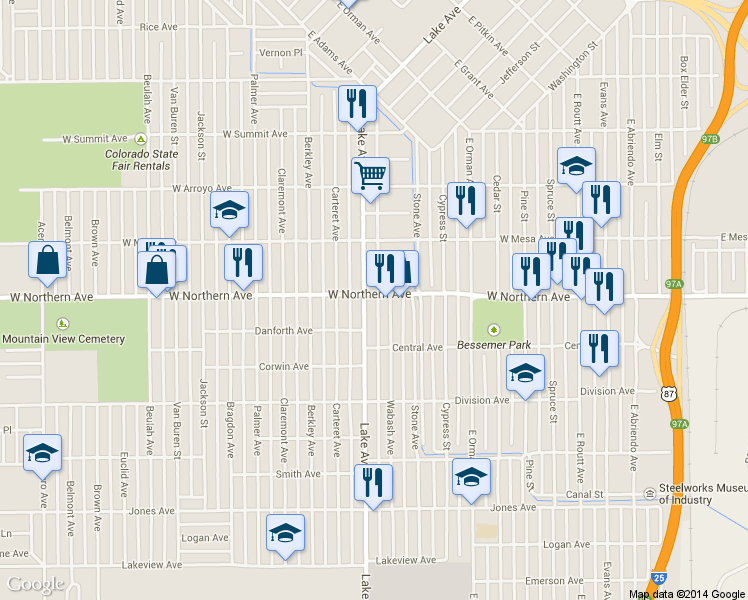 map of restaurants, bars, coffee shops, grocery stores, and more near 1130 W Northern Ave in Pueblo