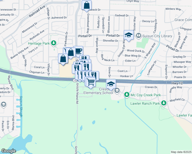 map of restaurants, bars, coffee shops, grocery stores, and more near Central County Bikeway in Suisun City