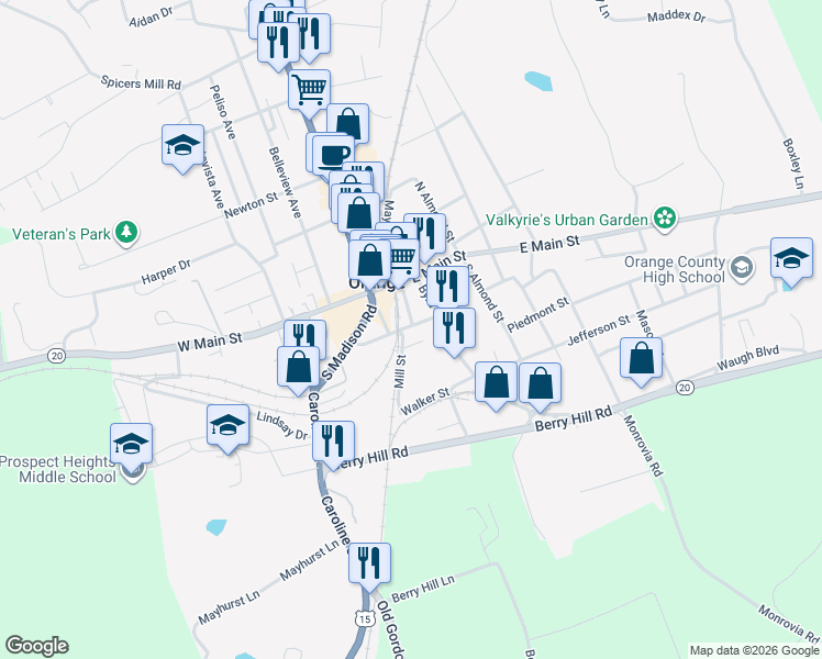 map of restaurants, bars, coffee shops, grocery stores, and more near 222 East Church Street in Orange