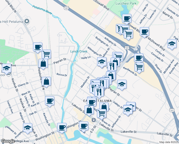 map of restaurants, bars, coffee shops, grocery stores, and more near 65 Payran Street in Petaluma