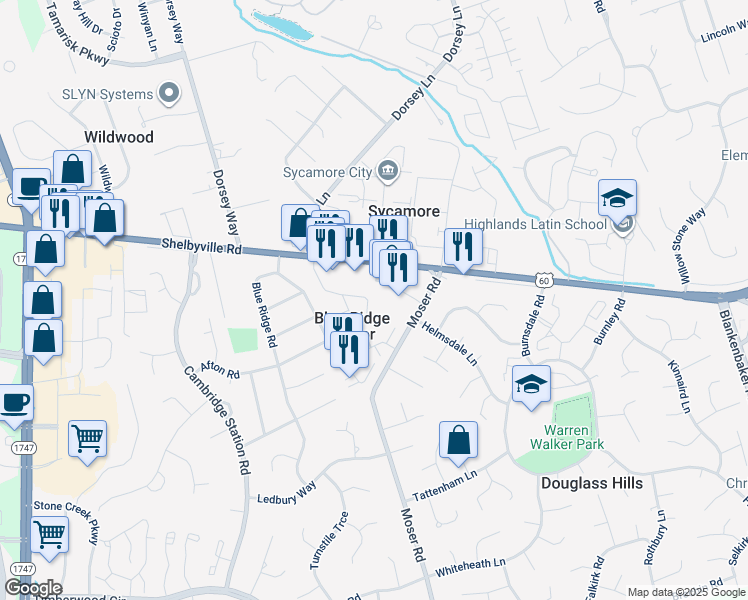 map of restaurants, bars, coffee shops, grocery stores, and more near 10434 Shelbyville Road in Blue Ridge Manor