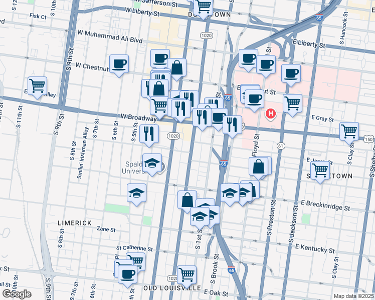 map of restaurants, bars, coffee shops, grocery stores, and more near 737 South 2nd Street in Louisville