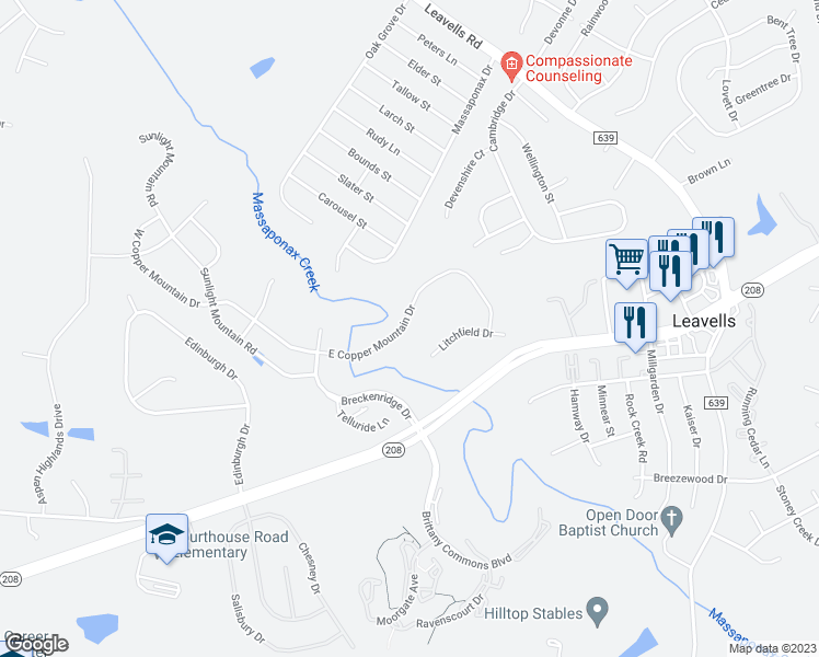 map of restaurants, bars, coffee shops, grocery stores, and more near 5812 East Copper Mountain Drive in Spotsylvania Courthouse