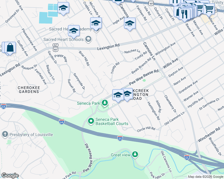 map of restaurants, bars, coffee shops, grocery stores, and more near 610 Cloverlea Road in Louisville