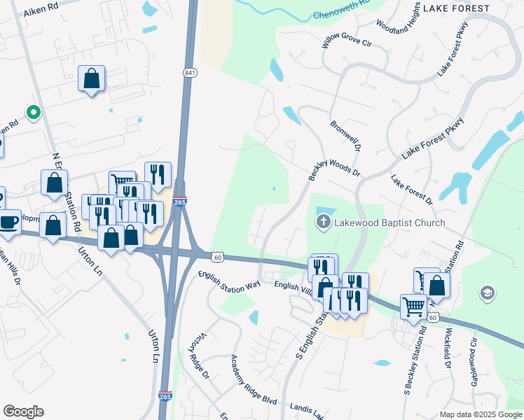 map of restaurants, bars, coffee shops, grocery stores, and more near 322 Beckley Ridge Lane in Louisville