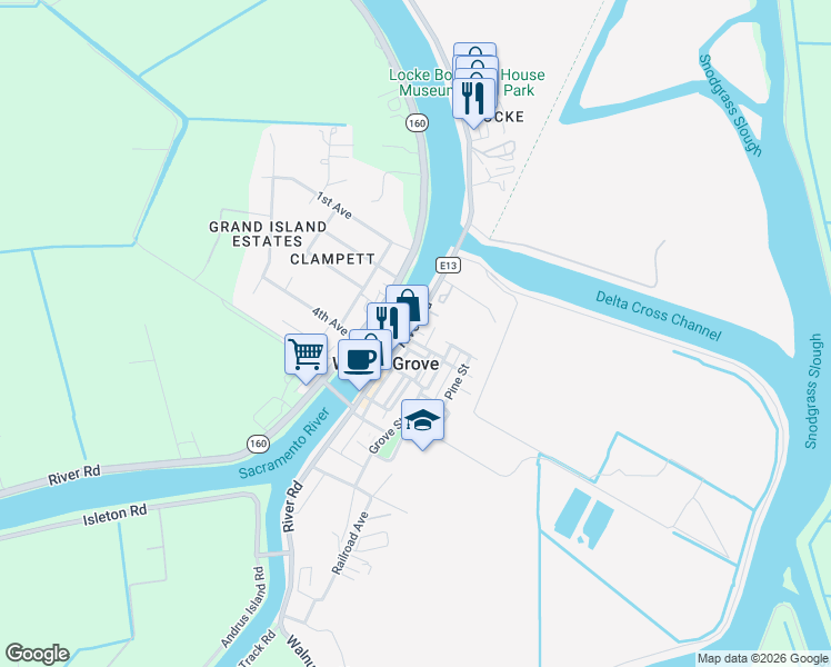 map of restaurants, bars, coffee shops, grocery stores, and more near 14071 River Road in Walnut Grove
