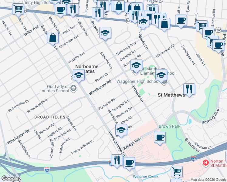 map of restaurants, bars, coffee shops, grocery stores, and more near 4018 Gloucester Road in Louisville