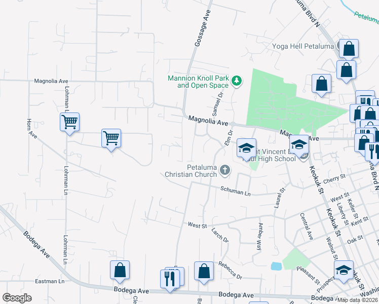 map of restaurants, bars, coffee shops, grocery stores, and more near 743 Paula Lane in Petaluma