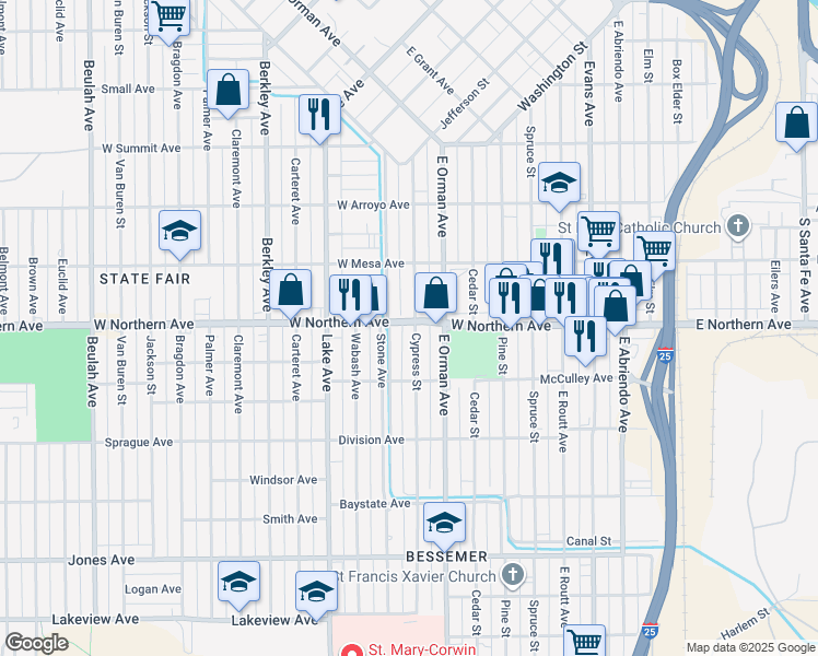 map of restaurants, bars, coffee shops, grocery stores, and more near 1303 Cypress Street in Pueblo