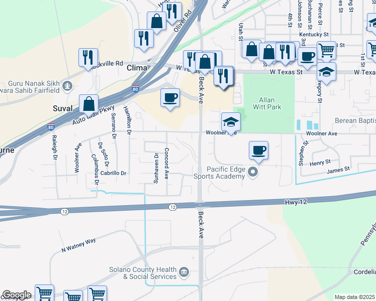 map of restaurants, bars, coffee shops, grocery stores, and more near 2200 Concord Court in Fairfield