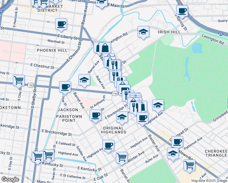map of restaurants, bars, coffee shops, grocery stores, and more near 1231 U.S. 150 in Louisville