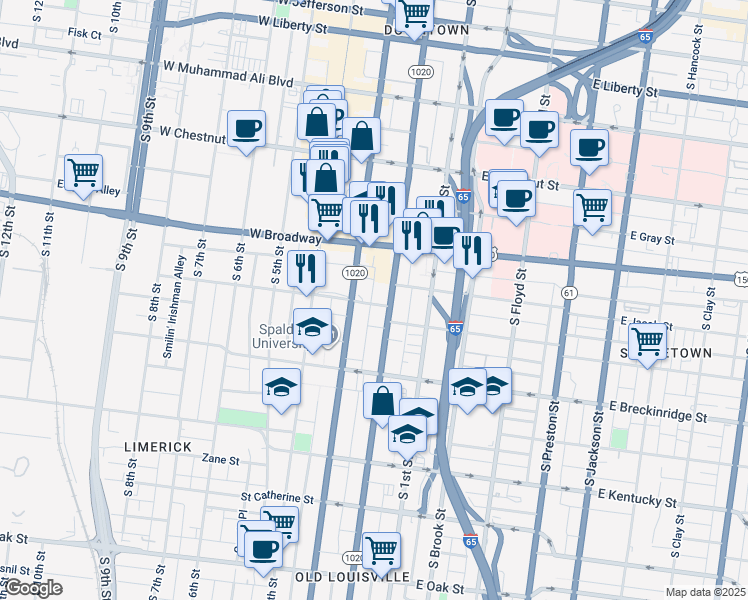 map of restaurants, bars, coffee shops, grocery stores, and more near 209 York Street in Louisville