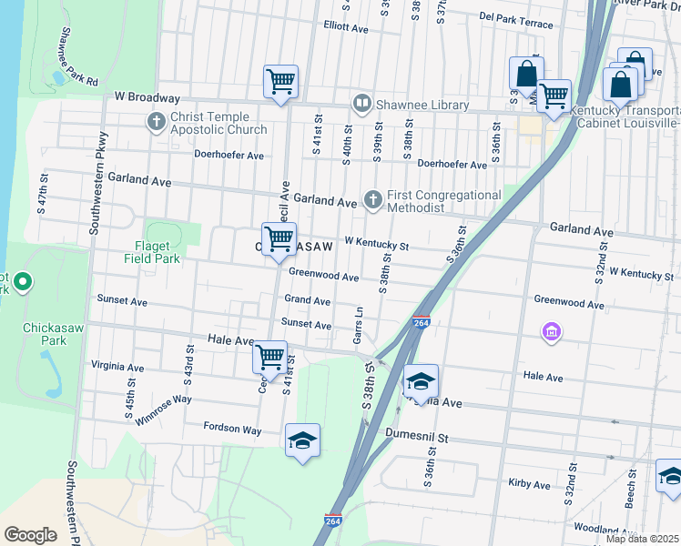 map of restaurants, bars, coffee shops, grocery stores, and more near 1027 South 40th Street in Louisville
