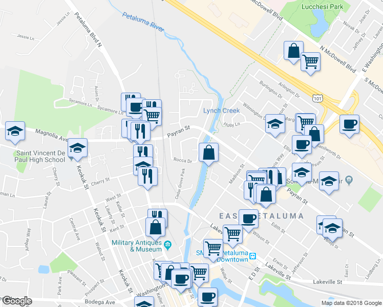 map of restaurants, bars, coffee shops, grocery stores, and more near 7 Elinor Court in Petaluma