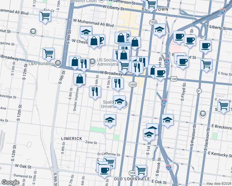 map of restaurants, bars, coffee shops, grocery stores, and more near 800 South 4th Street in Louisville