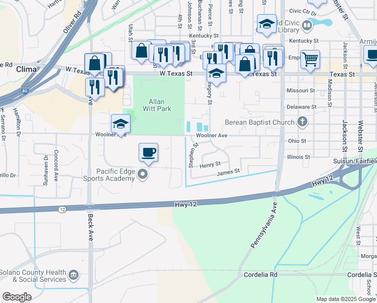 map of restaurants, bars, coffee shops, grocery stores, and more near 225 Stephen Street in Fairfield