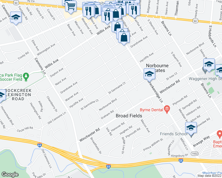 map of restaurants, bars, coffee shops, grocery stores, and more near 3607 Saint Germaine Court in Louisville