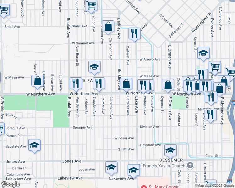 map of restaurants, bars, coffee shops, grocery stores, and more near 1404 West Northern Avenue in Pueblo