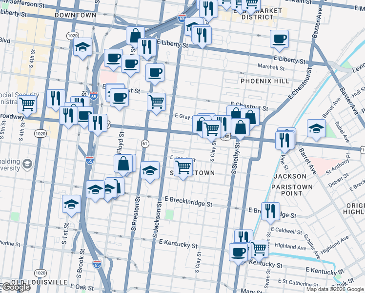 map of restaurants, bars, coffee shops, grocery stores, and more near 527 Finzer Street in Louisville