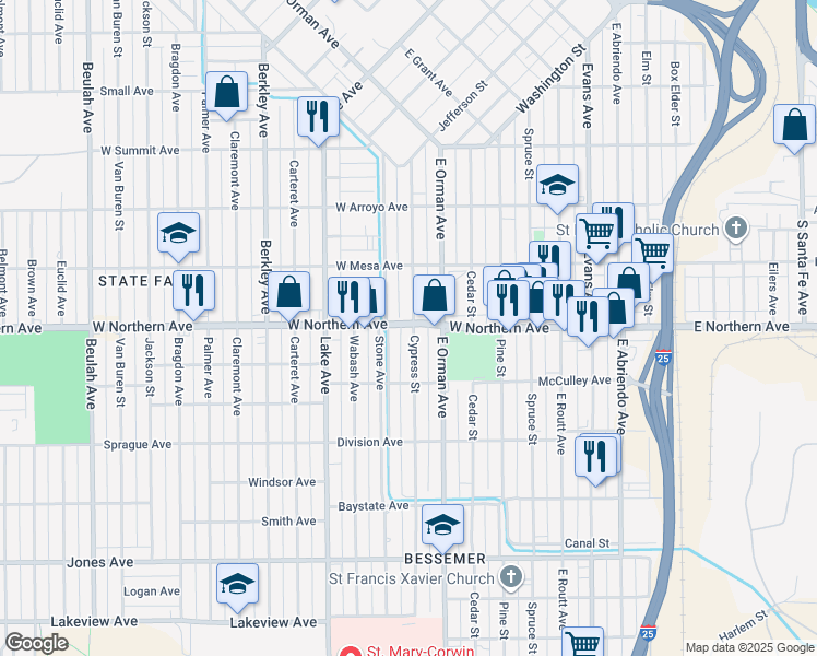 map of restaurants, bars, coffee shops, grocery stores, and more near 1303 Cypress Street in Pueblo