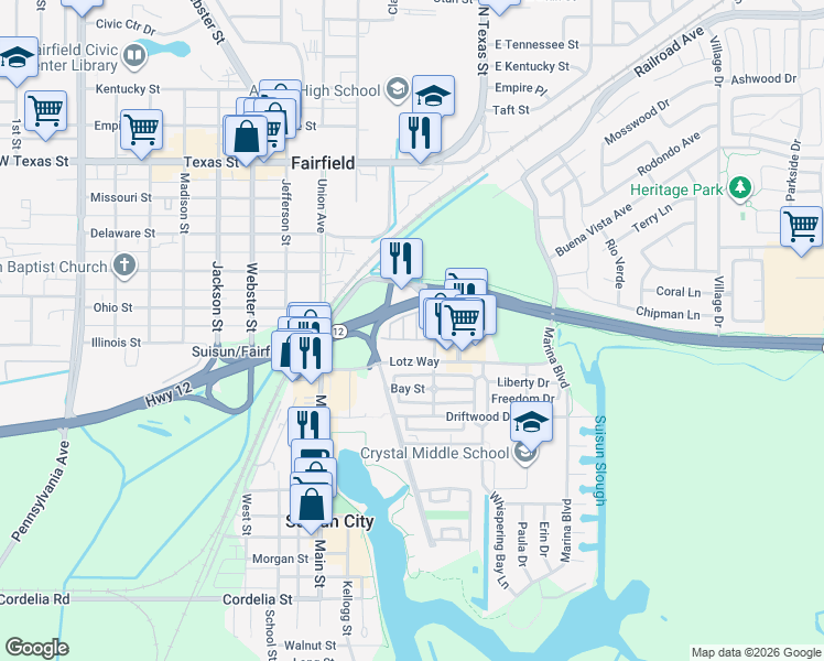 map of restaurants, bars, coffee shops, grocery stores, and more near 8 Deck Drive in Suisun City