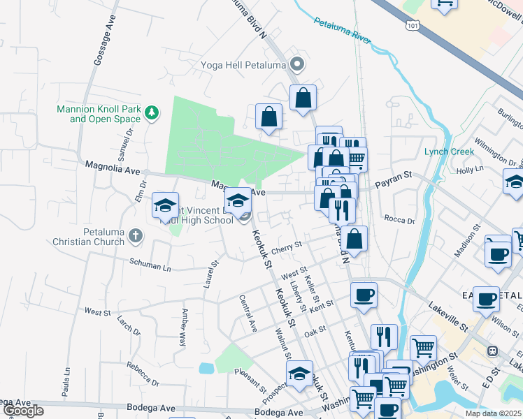 map of restaurants, bars, coffee shops, grocery stores, and more near 41 Liberty Lane in Petaluma