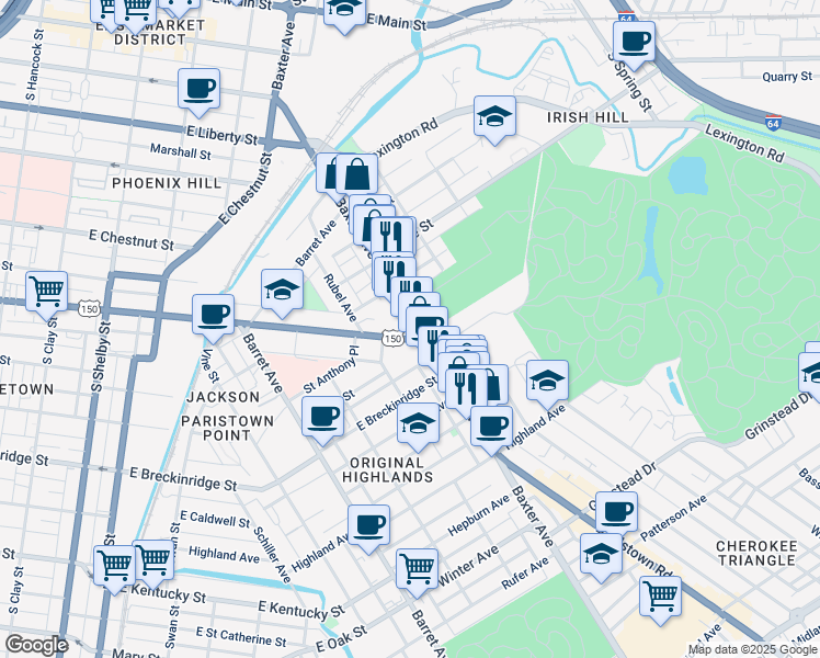 map of restaurants, bars, coffee shops, grocery stores, and more near 1221 East Broadway in Louisville