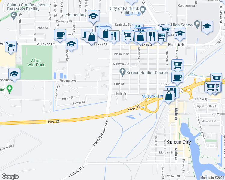 map of restaurants, bars, coffee shops, grocery stores, and more near 1210 Illinois Street in Fairfield