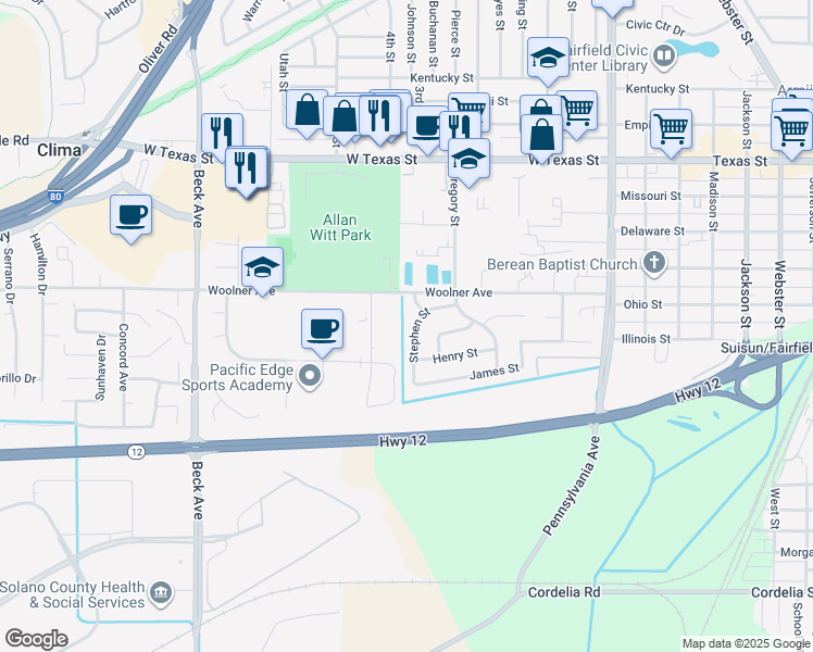 map of restaurants, bars, coffee shops, grocery stores, and more near 225 Stephen Street in Fairfield