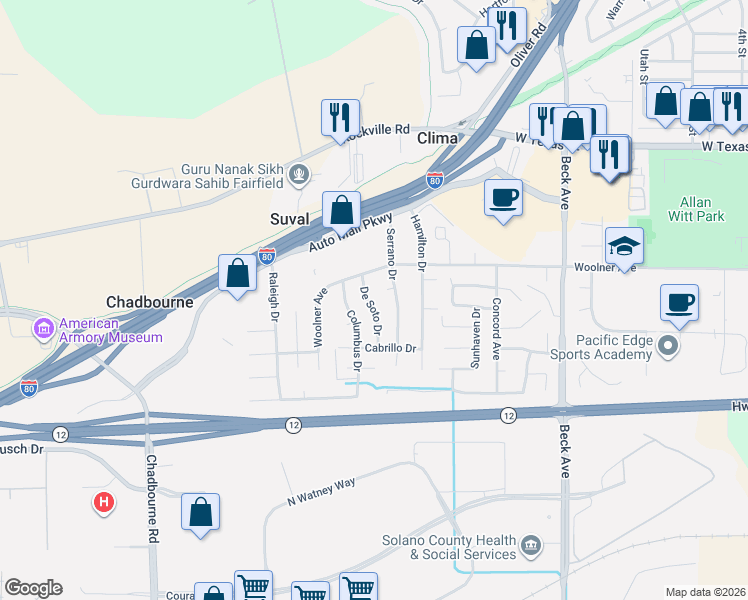 map of restaurants, bars, coffee shops, grocery stores, and more near 254 De Soto Drive in Fairfield
