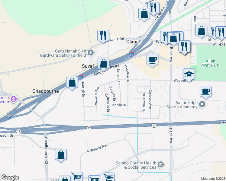 map of restaurants, bars, coffee shops, grocery stores, and more near 254 De Soto Drive in Fairfield