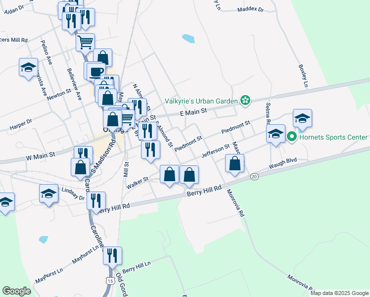 map of restaurants, bars, coffee shops, grocery stores, and more near 218 Piedmont Street in Orange