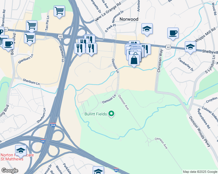 map of restaurants, bars, coffee shops, grocery stores, and more near 7725 Upton Oxmoor Lane in Louisville