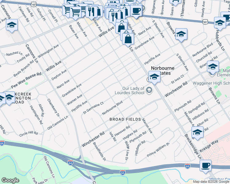 map of restaurants, bars, coffee shops, grocery stores, and more near 3607 Saint Germaine Court in Louisville