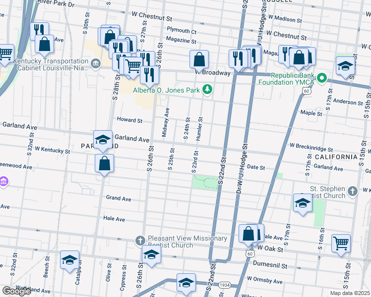 map of restaurants, bars, coffee shops, grocery stores, and more near 2316 Garland Avenue in Louisville