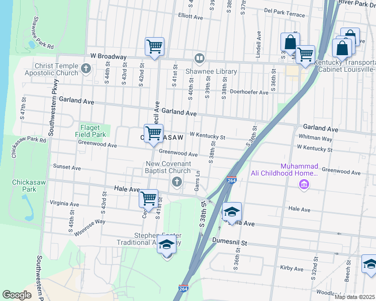 map of restaurants, bars, coffee shops, grocery stores, and more near 1027 South 40th Street in Louisville