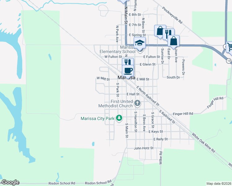 map of restaurants, bars, coffee shops, grocery stores, and more near 218 South Park Street in Marissa