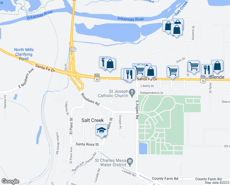 map of restaurants, bars, coffee shops, grocery stores, and more near 1520 Sierra Street in Pueblo