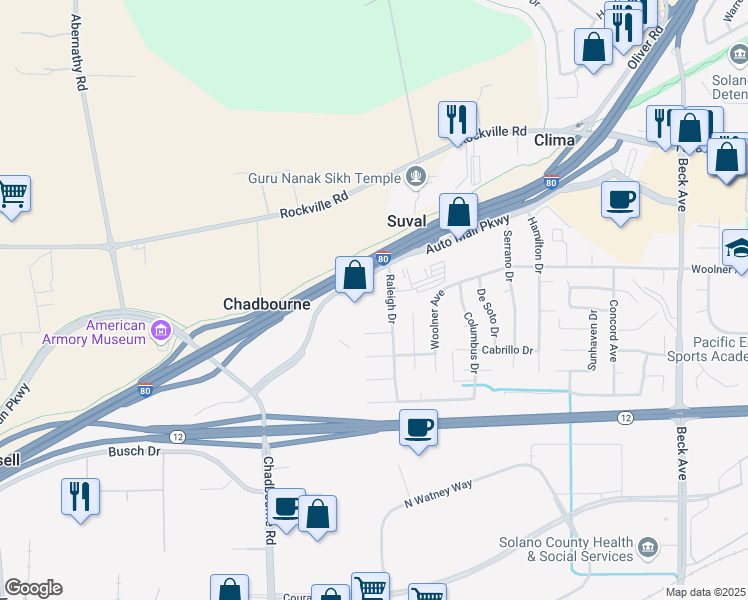 map of restaurants, bars, coffee shops, grocery stores, and more near 2545 Auto Mall Pkwy in Fairfield