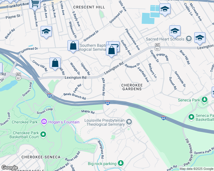 map of restaurants, bars, coffee shops, grocery stores, and more near 709 Alta Vista Road in Louisville
