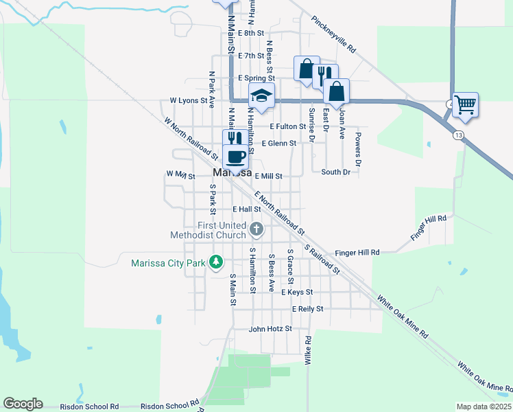 map of restaurants, bars, coffee shops, grocery stores, and more near 219 South Hamilton Street in Marissa