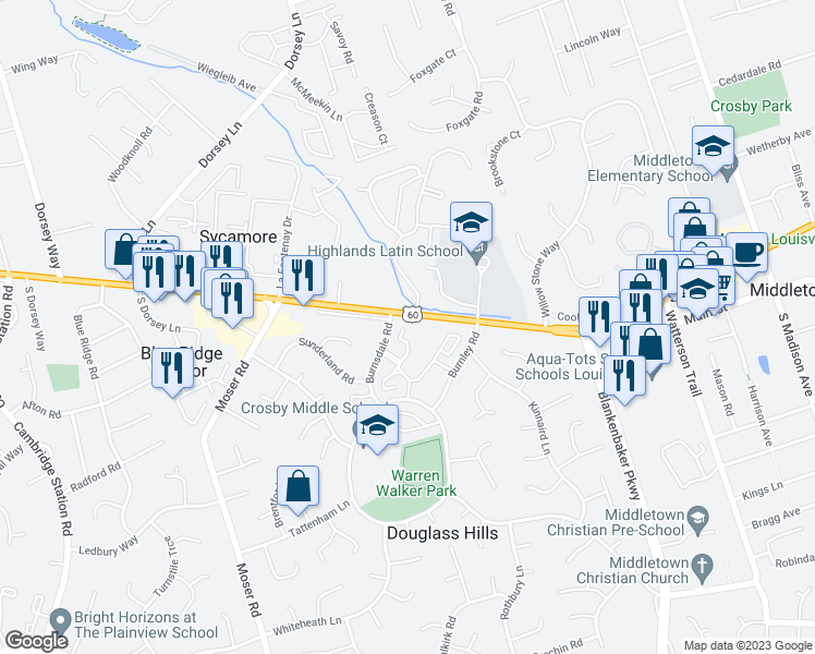 map of restaurants, bars, coffee shops, grocery stores, and more near 126 Charlestown Court in Douglass Hills